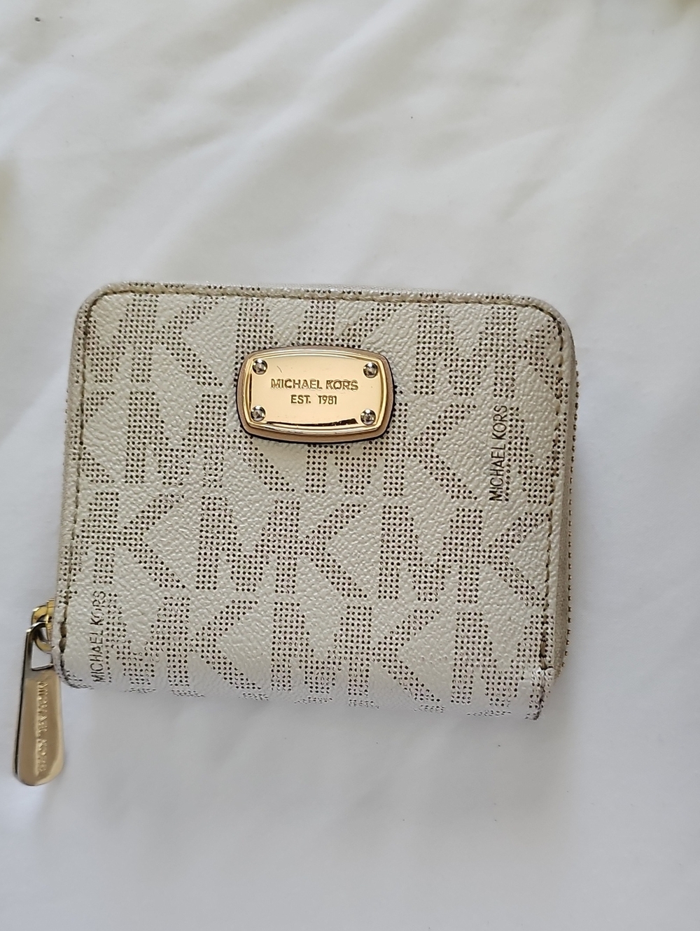 Michael Kors Cream Logo Zip-Around Compact Wallet with Gold Plaque